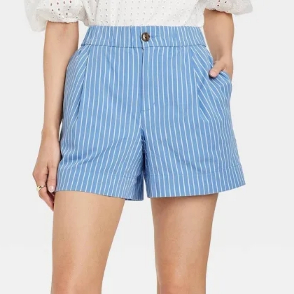 A New Day - Poplin Striped High Rise Shorts - Size Large - Blue & White
